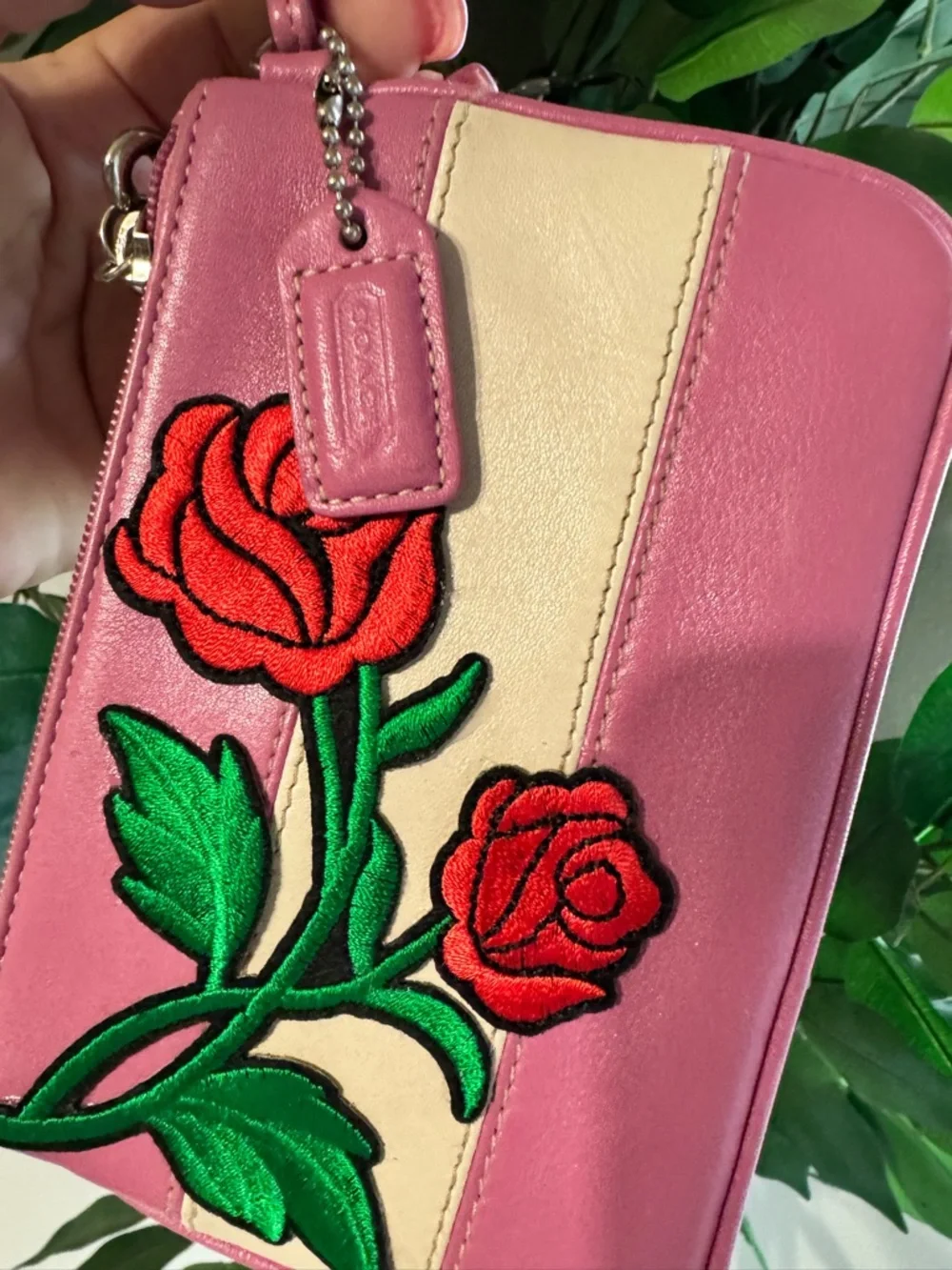 Rare Coach Pink Rose Appliqué Wristlet with Cream Stripe